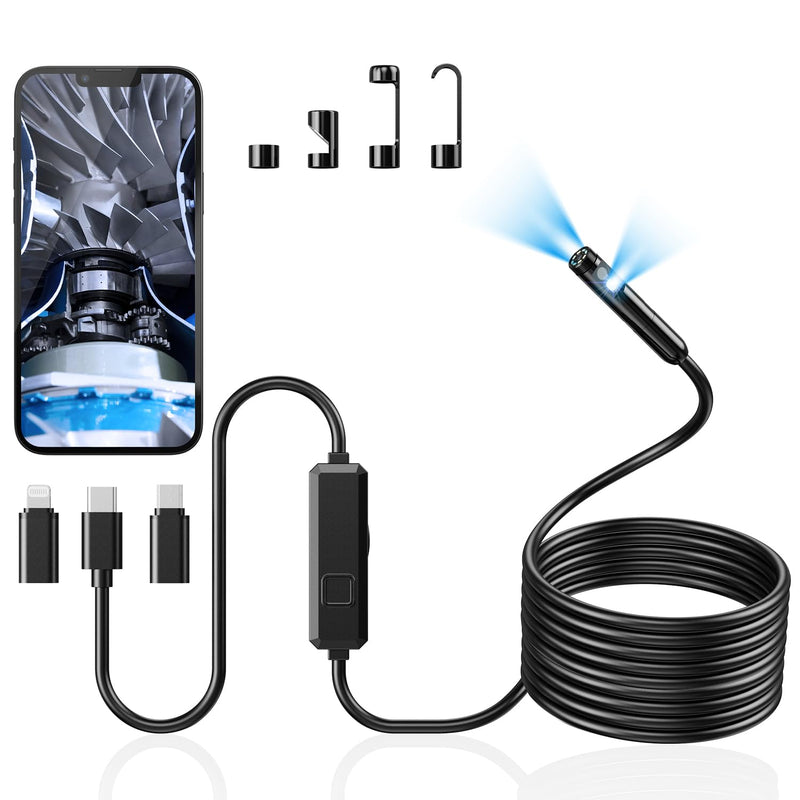 Endoscope Camera with Light, Dual-Lens 1920P HD Borescope with 8 Adjustable LED Lights, IP67 Waterproof Boroscope Inspection Camera Tools, 16.4ft Semi-Rigid Snake Camera for iOS & Android 16.4FT Snake Camera