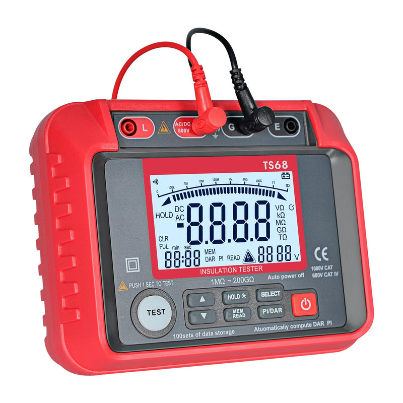 Megohmmeter, 250V-2500V Output Voltage Insulation Tester, 1MΩ-200GΩ Ohm Meter Multimeter, Grounding Tester with 100 Groups of Data Storage T0-TS68(New)