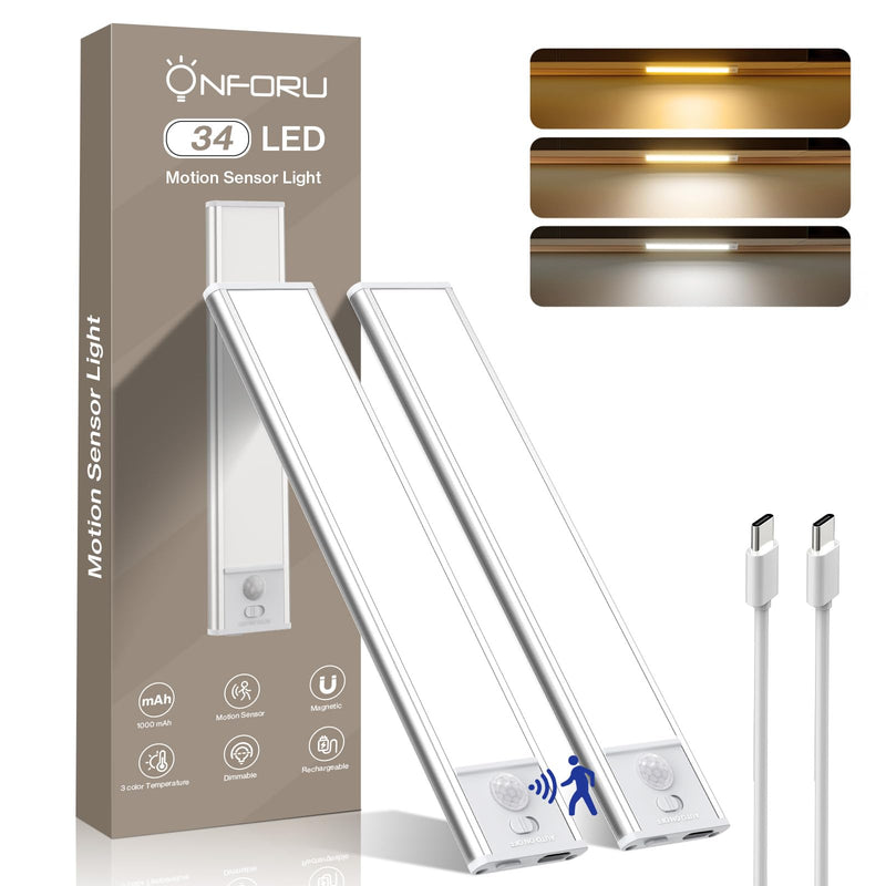 Onforu Under Cabinet Lighting, 34 LED Rechargeable Battery Operated Motion Sensor Closet Lights, Dimmable & 3 Color Temperature, Magnetic Wireless Under Cabinet Lights for Kitchen, Counter, 2 Pack 8inch