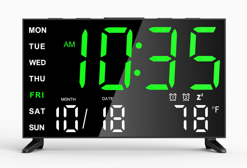 Mirror Digital Loud Alarm Clock with with Date,Indoor Temperature,USB Charging Port,Dimmer,Adjustable Volum,12/24H,Snooze,Dual Alarms (Weekday/Weekend),Perfect for Bedroom and Living Room Black+green Digit