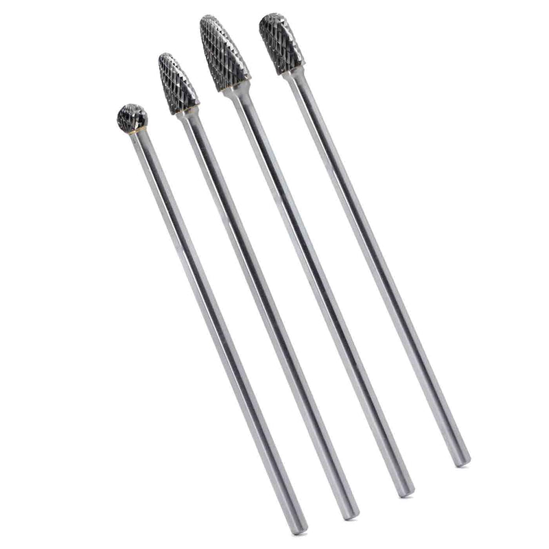 4Pcs 6mm Carbide Burr Set, 6" Long Shank Rotary File | 4pcs 6mm tungsten carbide rotary burrs, 6" long reach. Ideal for carving, engraving, grinding on wood, metal, plastic.