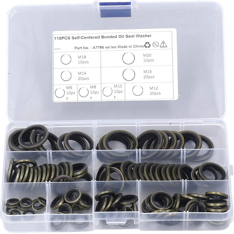 Bonded Seal Washer, Crush Washer for Crush Washer Oil Drain Plug, 110 PCS Oil Plug Gasket, NBR Metric Metal Automotive Sealing Washers Assortment Kit of Crush Washer Assortment M6-M20