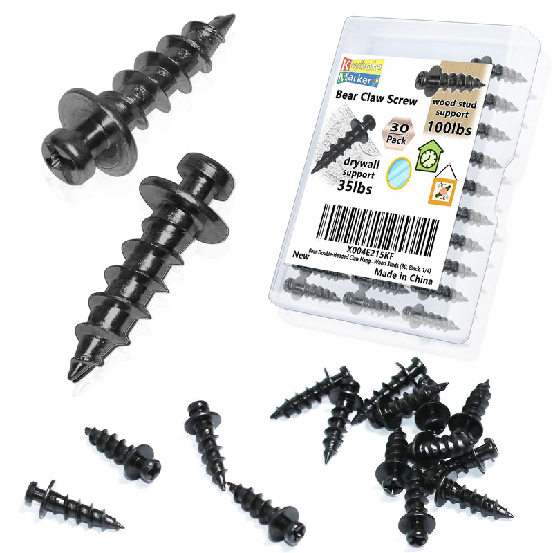 Bear Double Headed Claw Hanger Screws - Ideal for Picture Frames,Mirror,Art,Decor Hanging, for D-Rings, Sawtooth, Wire and Keyholes, Black 1/4 30