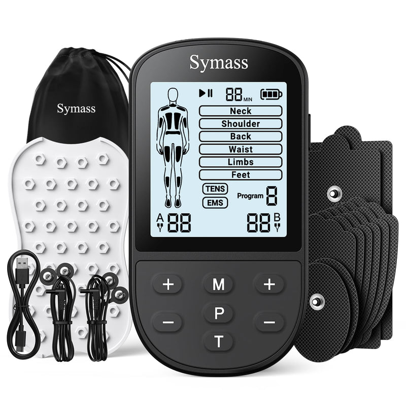 TENS Unit Muscle Stimulator, EMS Massager Machine, Dual Channel Electronic Pulse Physical Therapy Machine for Back Pain Relief, Shoulder Recovery, Muscle Relaxation, 24 Modes,10 TENS Unit Pads,Black Black
