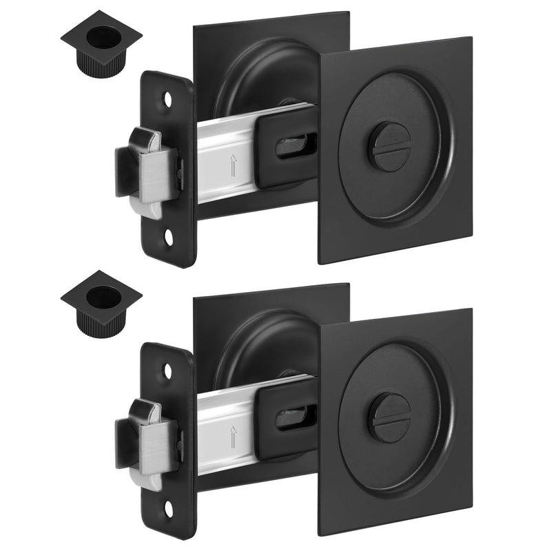 goldenwarm Black Pocket Door Lock with Finger Pull, 2 3/8 Inch Notadjustable Latch Square Pocket Door Hardware, Matte Black Sliding Pocket Door Privacy Lock- 2 Pack 2 3/8'' latch - 2 Pack