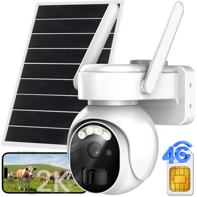 4G LTE Security Cameras Wireless Outdoor, 2K Solar Cellular Security Camera, No WiFi Security Camera, Off Grid With 360° Live View, Color Night Vision, PIR Motion Alerts, 2 Way Talk, Built-In SIM Card White 4G Cellular