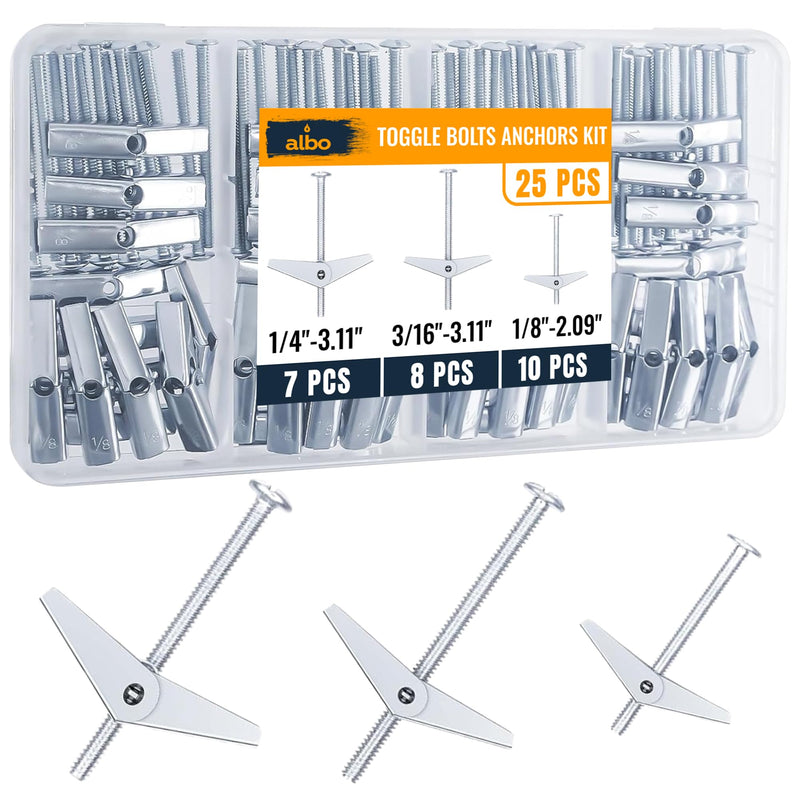 ALBO 25-Piece Heavy Duty Hollow Wall Anchors Kit for Drywall Ceilings with Screw Spring/Includes Toggle Bolts and Wing Nut Assortment in 3 Sizes (1/8in, 3/16in, 1/4in) 25pcs Spring Toggle with Screw Set