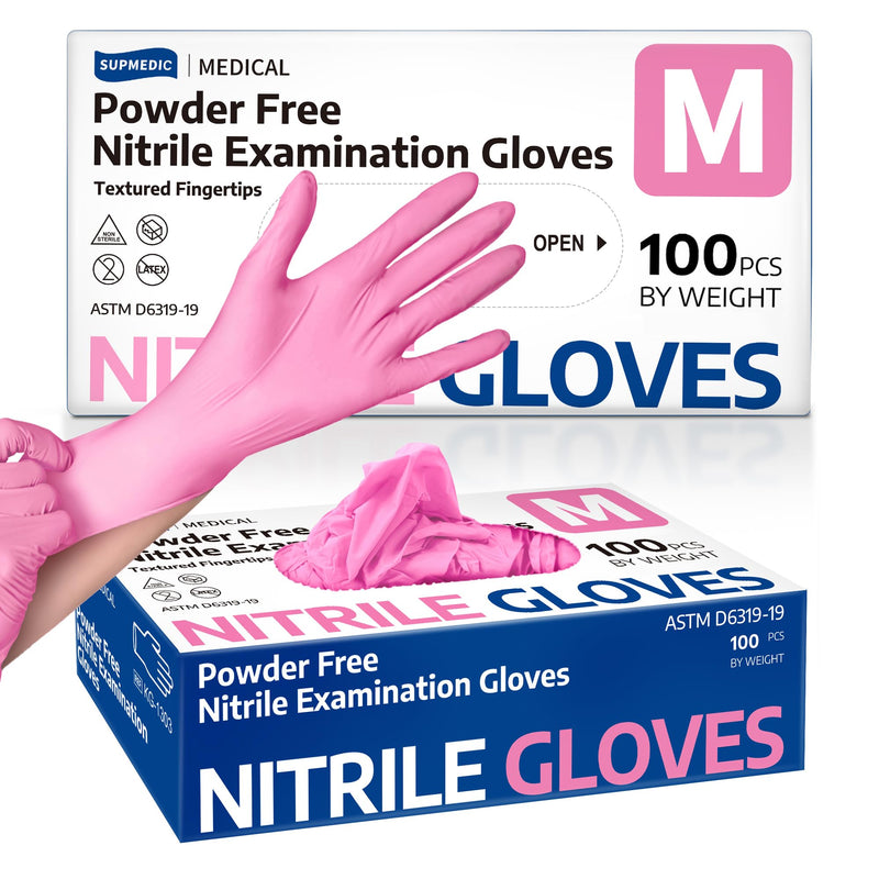 Medical Nitrile Exam Gloves, 3.5 mil Powder-Free Food-Safe Disposable Glove for Cleaning & Esthetician, Pink 100 Pcs Medium (Pink)