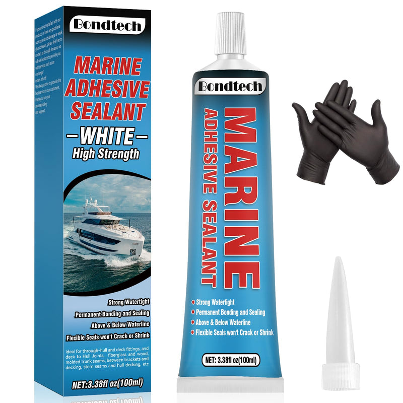 3.38 oz Marine Sealant White, Marine Adhesive Permanent, Silicone Sealant High Strength, Watertight Bonding and Sealing, UV Resistant, Fast Cure, Above & Below Waterline