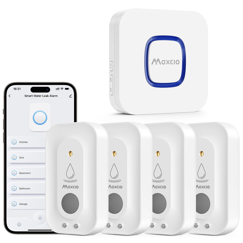 MAXCIO Wi-Fi Water Leak Detector 4 Pack, Smart Water Sensor with 110dB Adjustable Alarm, APP, SMS, Phone Notifications, 1640ft Transmission Range, Suitable for Basement, Bathroom, and Kitchen 4 sensor + Gateway
