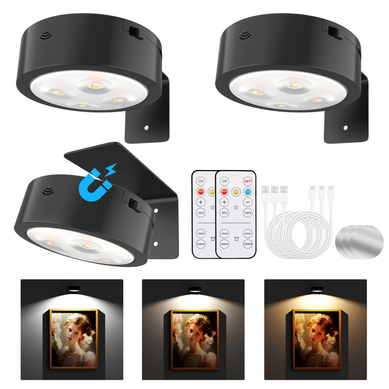 Picture Lights for Wall, Painting Frame Lights with 3 Lighting Modes, Rechargeable Battery Operated Wall Lights, Magnetic Led Painting Lights with Remote Dimmable and Timer (Black, 3Pack) Black