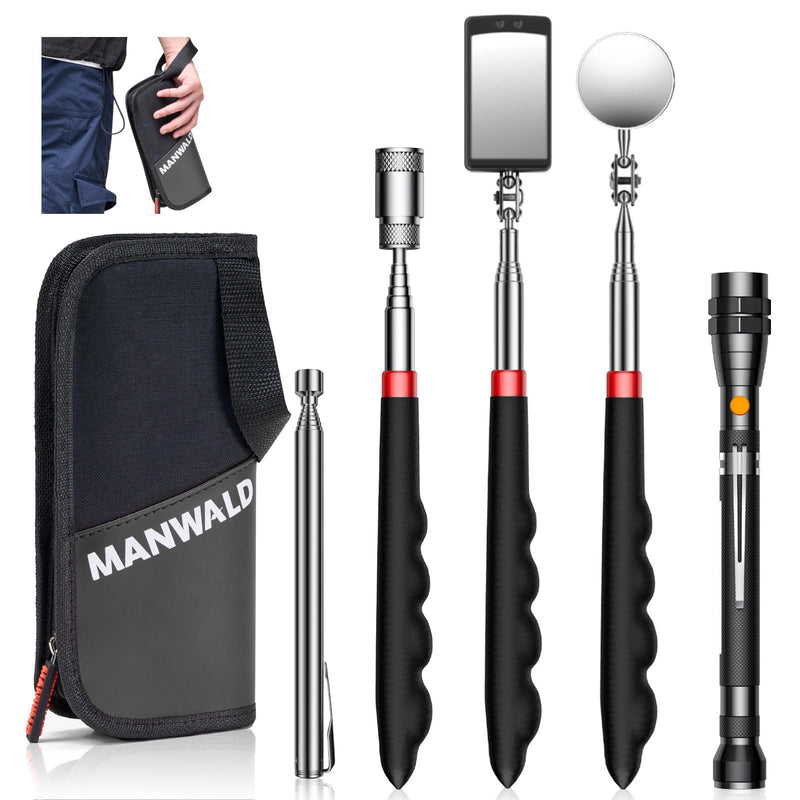 Telescoping Magnetic Pickup Tool Set with Portable Bag, Extendable Flashlight with 360° Inspection Mirror, Christmas Gifts Stocking Stuffers for Men, Mechanics, and Handymen, Grey