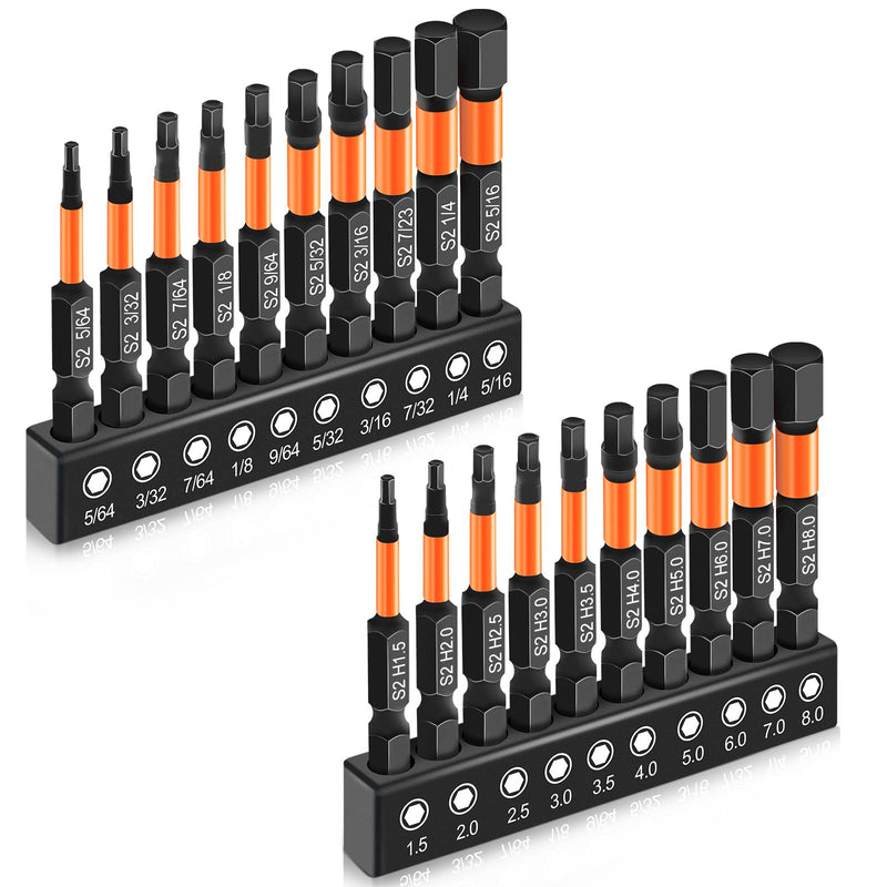 20PCS Premium Hex Bit Set, Impact Hex Head Allen Wrench Drill Bit Set (Metric&SAE), 1/4” Hex-Shank S2 Alloy Steel Key Drill Bit Set with Magnetism, CNC Machined Tips, 2" Long with Storage Box