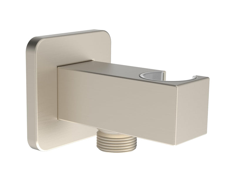 Wall Supply Elbow with Flange, Tapered 1/2 NPT Female Inlet, Solid Brass Wall Union With Handshower Holder, Square Wall Supply Elbow With Hand Held Shower Head Bracket, Nickel Brushed PVD