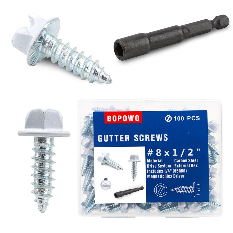 Self-Tapping Gutter Screws White Painted Slotted Hex Washer Head #8 x 1/2" Zinc Plated Finish, Includes 1/4" Magnetic Hex Driver – for Gutter Install - 100 Pieces 22A（100PCS） - NewNest Australia