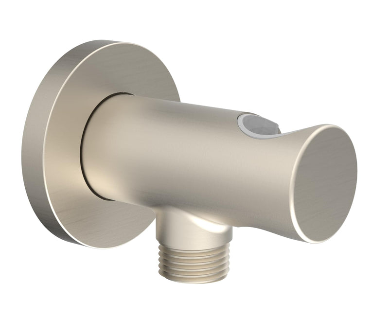Wall Supply Elbow with O-Ring Flange, Tapered 1/2 NPT Female Inlet, Solid Brass Wall Union With Handshower Holder, Round Wall Supply Elbow With Handheld Shower Head Bracket, Nickel Brushed PVD