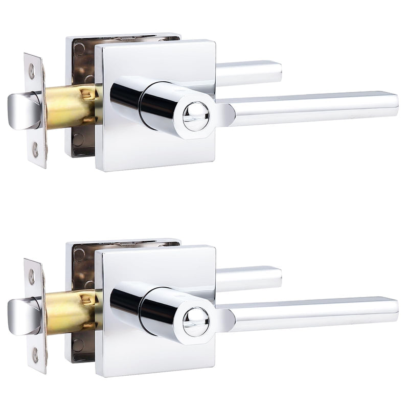 Probrico Polished Chrome Privacy Door Handle Lockset Heavy Duty Square Interior Door Lever for Bedroom or Bathroom Reversible Keyless Handleset Door Knob Slim Handed Levers, 2 Pack