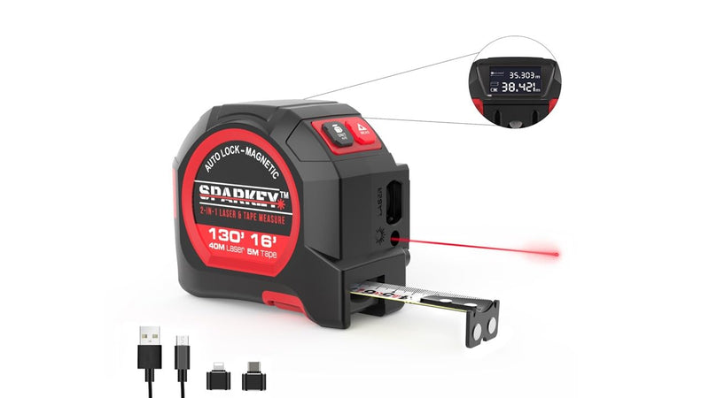 SPARKEY 2-in-1 Laser Tape Measure, 130Ft Laser Distance Measurement, Area/Volume & 16Ft Tape Measuring, Magnetic Hook, USB Rechargeable, Auto Lock, M/Ft/in/Ft+in, LCD Display. 0.5 m Laser Tape Measure 2 in 1