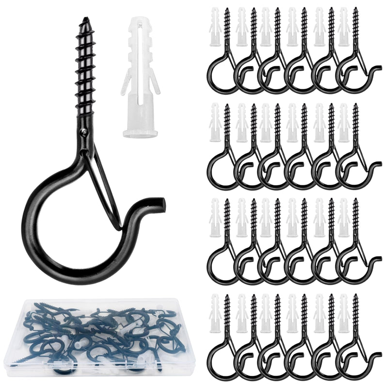 25 PCS Q Hanger Hooks with Safety Buckle, Windproof Screw Hooks for Hanging Outdoor String Lights, Christmas Lights,Cups, Decors,2.3 Inches, Black 25pcs