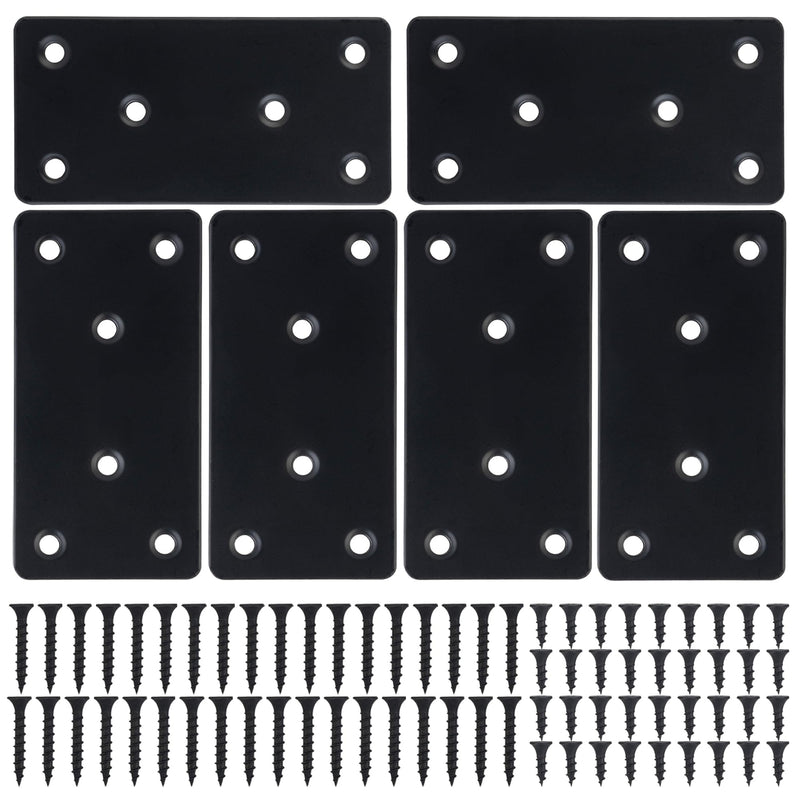 6 Pcs Flat Mending Plate, 1.9''x3.9'' Black Stainless Steel Metal Flat Straight Brace Bracket, Fixing Brace Joining Plates for Furniture, Wood, Shelves, Cabinet with 2 Different Lengths of Screws 6pcs-50x100mm/1.97x3.94''