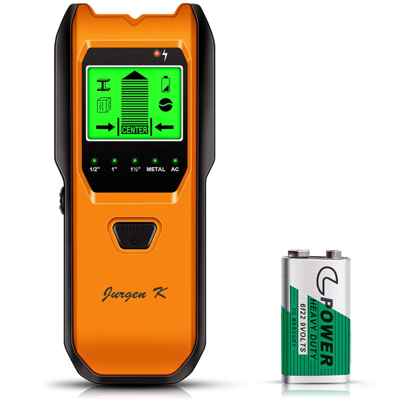 Stud Finder Wall Scanner, 5 in 1 Multifunction Stud Locator with Upgraded Smart Sensor, HD LCD Display and Audio Alarm for The Center & Edge of Metal, Studs, AC Wire, and Pipe Detection (Tangerine)