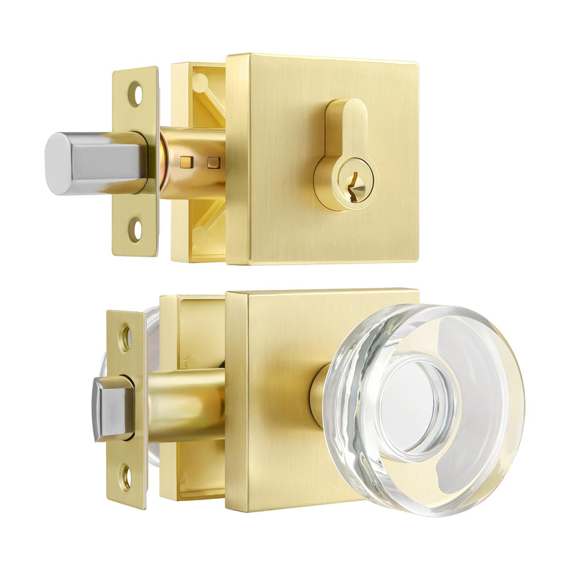 1 Pack Brass Combo Sets,Gold Crystal Door Knobs Interior,Modern Glass Door Knob with Single Cylinder Deadbolt,Satin Brass Finished 1 Pack Gold