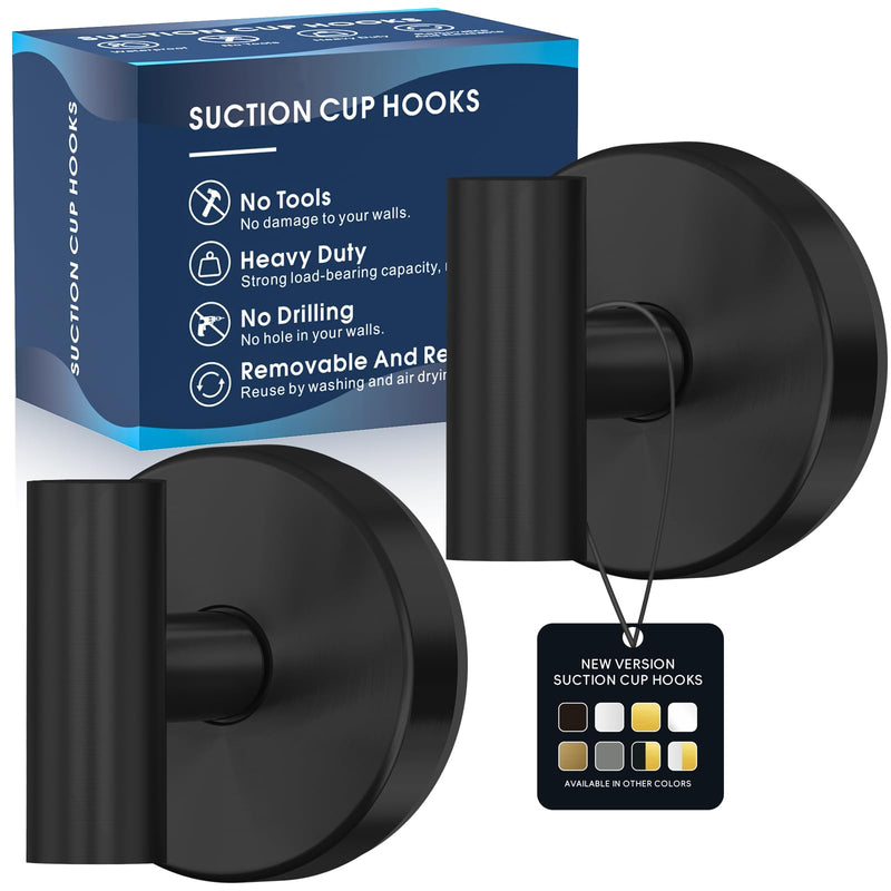 Suction Cup Hooks for Shower,Heavy Duty Shower Hooks for Inside Shower,No Drill Wall Mounted Towel Hooks for Bathrooms Wall,Kitchen,Glass,Mirror,Tile to Hang Towels,Robes,Coat-Black(2 Pack) Black-2pc