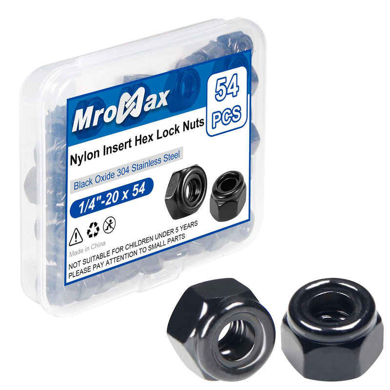 1/4"-20 Black Nylon Lock Nuts, 54Pcs Nylon Insert Locknuts, 304 Stainless Steel 18-8 Nylock Nuts, Black Oxide, Coarse Thread, Hex Drive, Bright Finish, for Furniture, Tools, Handle, Repairing Jobs 1/4-20