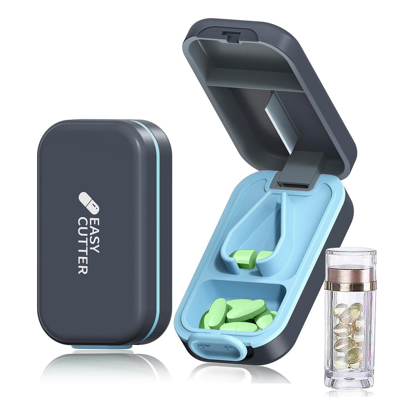 Pill Cutter | Best Cutter for Small or Large Pills |with Safety Lock Buckle Design in The USA| Cuts Vitamins | Pill Splitter Detachable Silicone pad Easy to wash with Crystal Pill Box (Grey) Azure