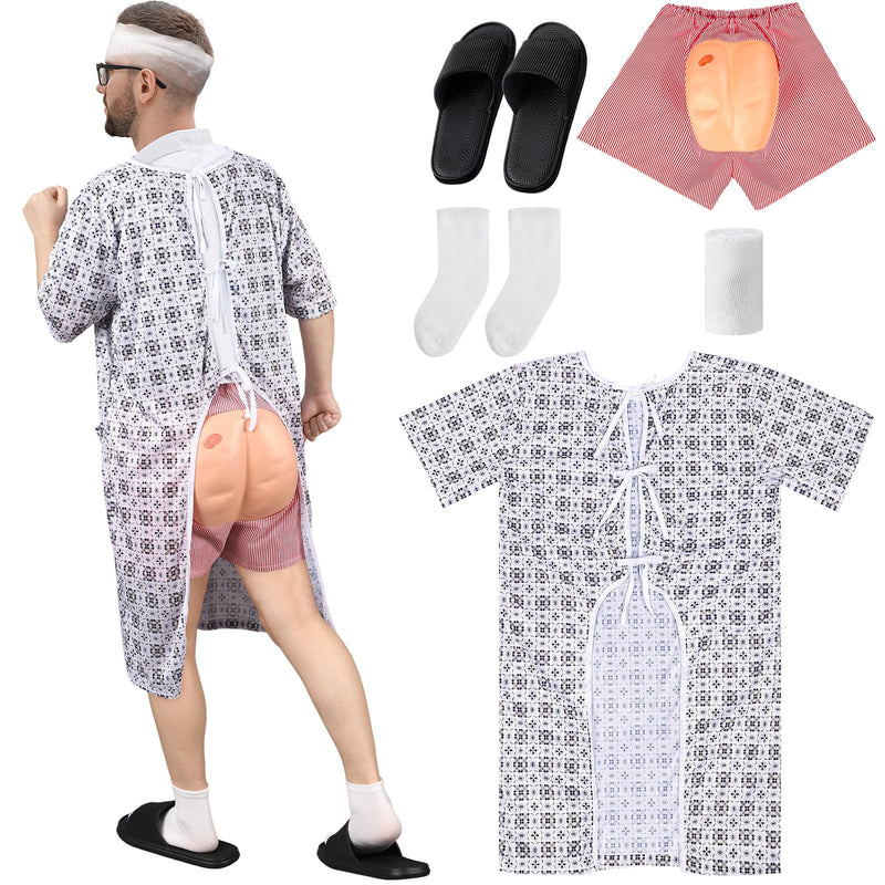 Patient Gown Party Costume Set for Adult Hospital Gown Funny Butt Shorts for Halloween Cosplay Party Men Women Medium