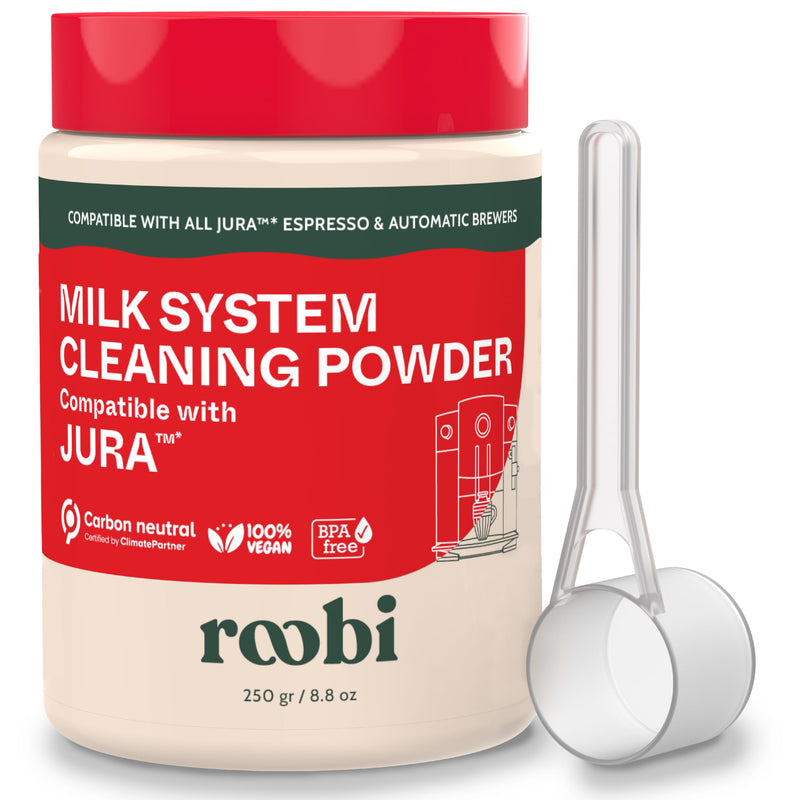 Roobi Compatible Milk System Cleaning Powder for Jura. Specially formulated for Jura Automatic Espresso Coffee Machines. 100% Vegan, Carbon Neutral. Milk Cleaning Powder