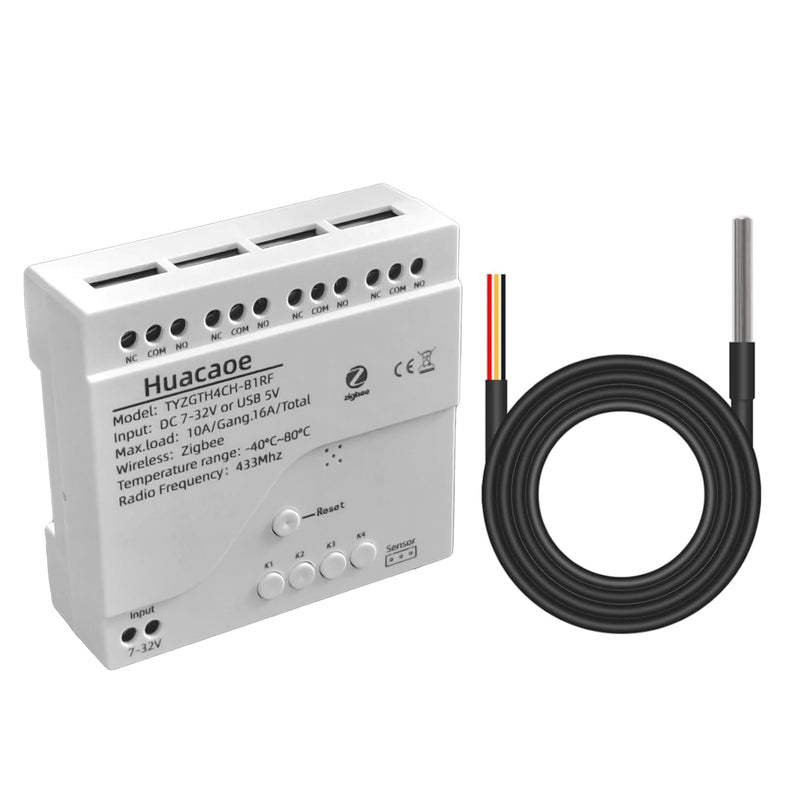 Zigbee 4CH Temperature Monitoring Switch,12V Dry Contact Smart Relay Module,Tuya App Remote Control,with Waterproof Sensor Probe(Tuya Zigbee hub needed) 4CH 12V