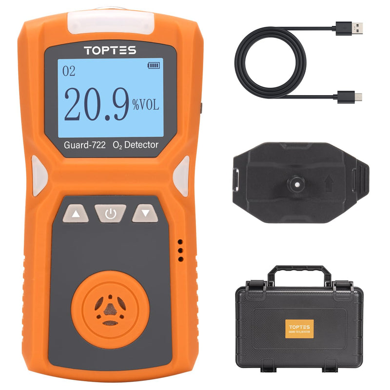 Guard-722 Oxygen Detector, Portable O2 Monitor, 0-30%, Rechargeable 120H Battery Duration, Sound, Light and Vibration Alarms, Dust and Explosion Proof, Handheld O2 Meter for Work, Home - Orange