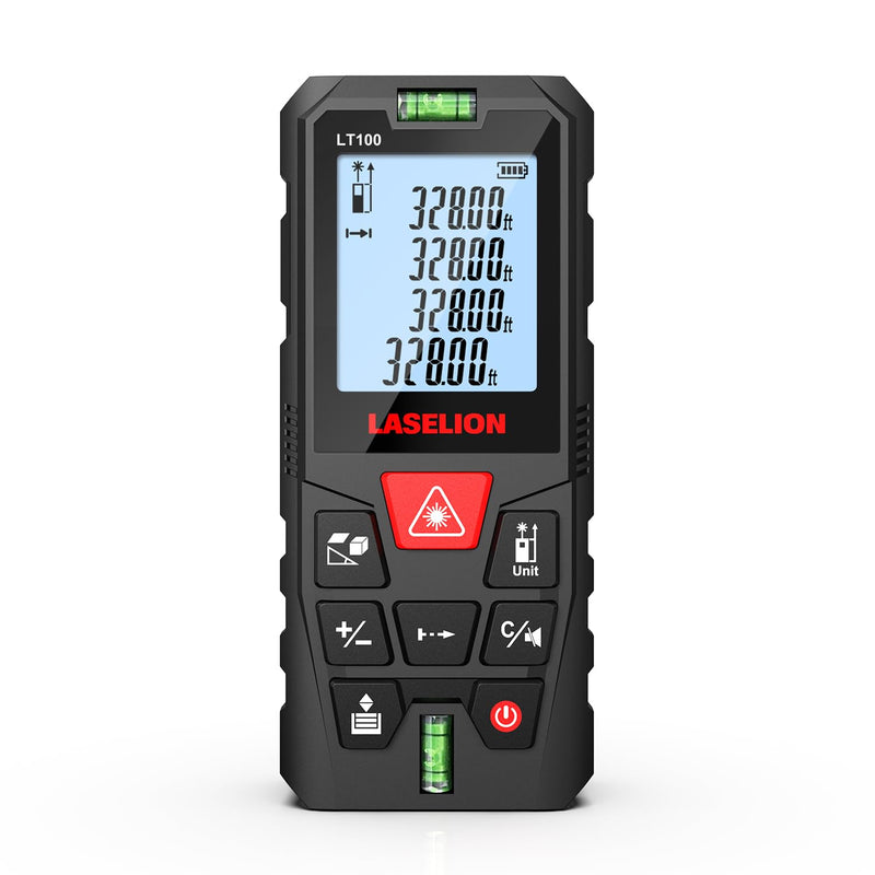 LT100 Laser Distance Meter – 100m (328t) Range, High Accuracy, Multiple Measurement Modes, Built-in Level Bubble, Handle Laser Distance Measurement Tool，Mute Function (328ft) 328ft