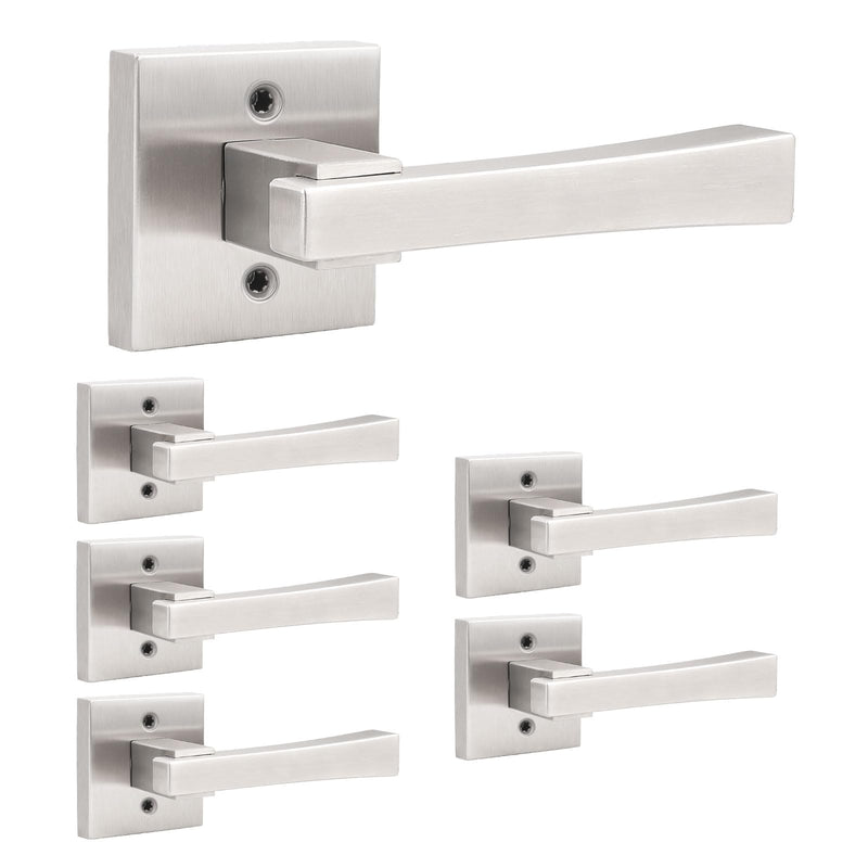 knobelite 6 Pack Dummy Door Handles,Stain Nickel Square Door Levers,Non-Turing Single Side Knob Pull for Closet French Doors