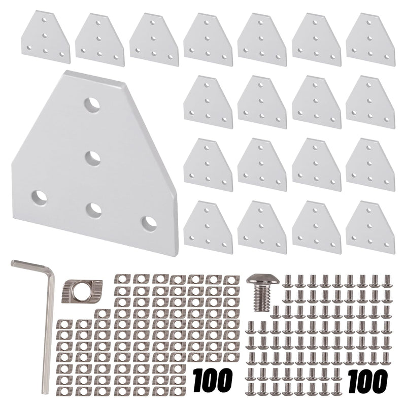 20Pcs 2020 Corner Bracket Joint Plate T Shape 5 Hole Aluminum Extrusion Connector with 100Pcs T-Nuts, 100Pcs Screws and 1Pc Wrench for 20 x 20mm Series Aluminum Extrusion Profile 20Pcs T Shape