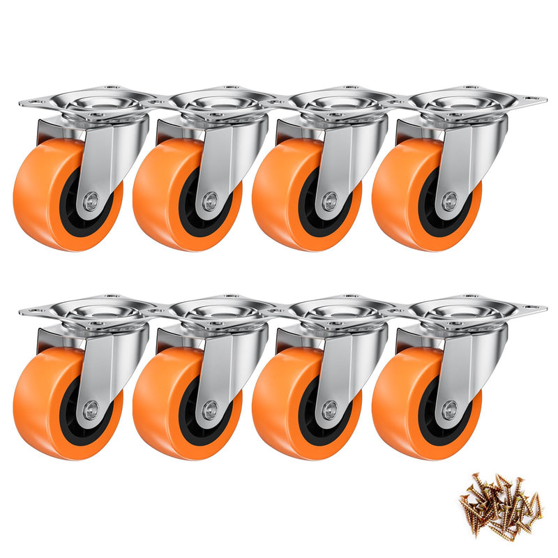 1.5 Inch Casters, ASHGOOB Caster Wheels/Casters Set of 8, 360° Swivel Universal Plate Caster Wheels for Storage Box/Small Furniture/Kitchen Appliances, Orange Polyurethane (PU) Castors (8 Pack) 1.5inch 8p