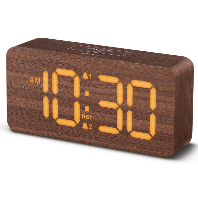 uscce Wooden Digital Alarm Clocks for Bedrooms: Dimmable Dual Alarm Clock with Large Numbers for Bedside Desk - Loud Alarm for Heavy Sleepers with Volume Control - Wood Decor & Gifts Brown - Amber Digits (Plug-in)
