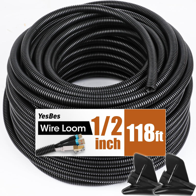 118 FT Wire Loom 1/2 Inch, Split Wire Loom Tubing Wire Conduit, Wire Protector Tubing – Black 1/2" x 118ft