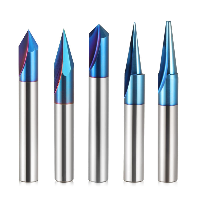 CNC Router Bit 1/4'' Shank, 5PCS Wood Carving Bits Set, 15° Detail Carving Liner 20° Profile Bit 30° 60° 90° V Groove Router Bit, 2'' Long CNC Milling Cutter End Mill Bits
