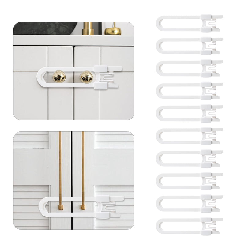 10 Pack Baby Sliding Cabinet Locks - Safeasy Adjustable U Shaped Child Safety Locks,Childproof Latches for Kitchen Bathroom Storage Cupboards Doors, Handles and Knobs (white, 10) White