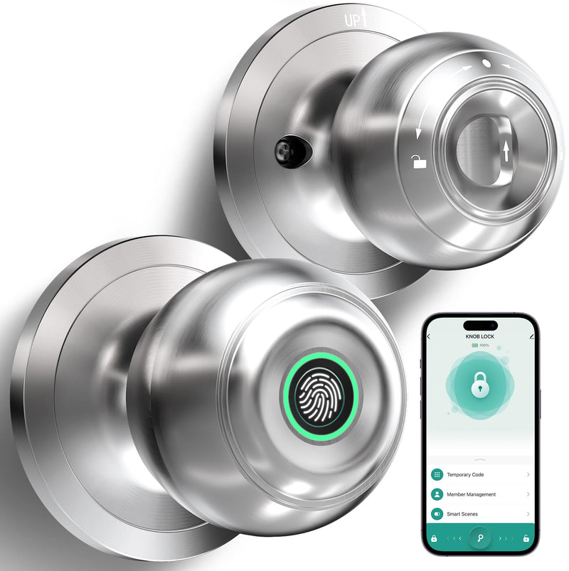 Smart Fingerprint Door Knob with App Control & Key, Keyless Thumbprint Entry for Bedroom, Home, Apartment, Office - Satin Nickel