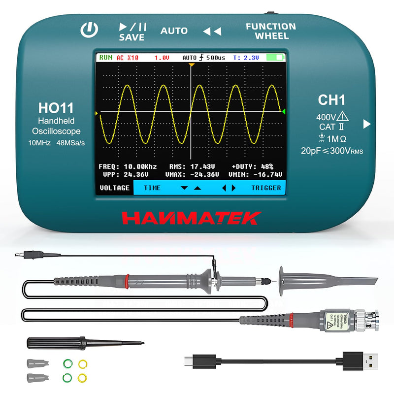 HANMATEK HO11 Handheld Digital Oscilloscope - 10MHz Bandwidth, 48MSa/s High-Precision Sampling, 2.8" TFT Display, USB Rechargeable, Advanced Trigger System, Portable for Fieldwork Professional 10 Mhz