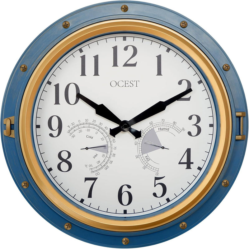 OCEST 16 Inch Indoor Outdoor Clock, Waterproof Wall Clock with Thermometer Hygrometer, Silent Non-Ticking Battery Operated Decor for Home Decor, Patio(Blue) Navy Blue