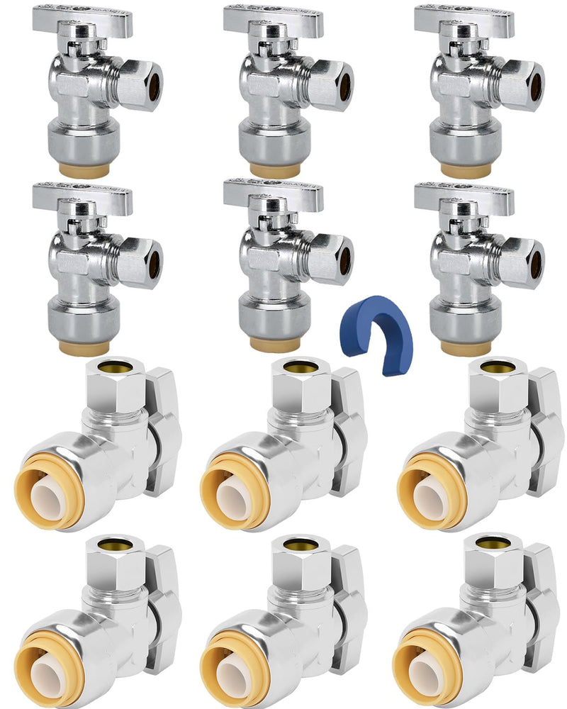 12PCS Push Angle Stop Valve 1/2"x3/8" - No Lead Brass Angle Stop Valve Push to Connect, Easy Install Sink Shut Off for Toilet & Faucet Plumbing, Durable Compression Fit Technology