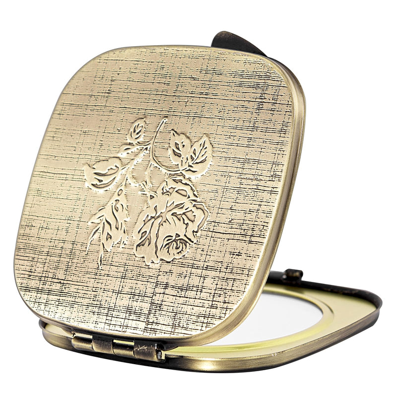 Travel Small Compact 1X/2X Mirror - Handheld, Foldable, Lightweight - Mini Pocket Magnifier for Wallet - Square 3.0 inches x 2.8 inches (Ancient Bronze) Ancient Bronze