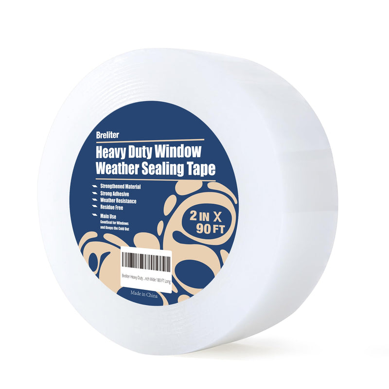Heavy Duty Window Weather Sealing Tape - Transparent Window Tape for Winter and AC Insulation, No Mess Winter Window Seal Kit - 2 Inch Wide 90 FT Long 2IN x 90FT