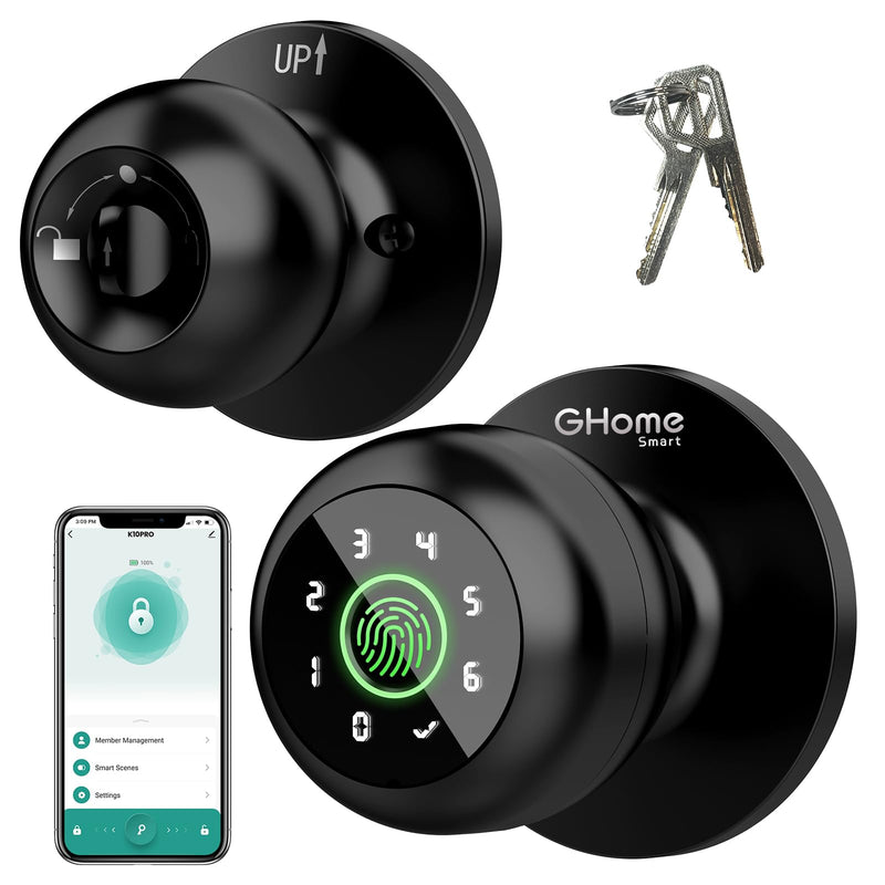 GHome Smart Fingerprint Door Lock, 4 in 1 Smart Fingerprint Door Knob with Keypad, App Control, Auto Lock, Biometric Door Knob with Lock for Bedroom, Apartment, Garage, Home & Office 4 IN 1 - Black