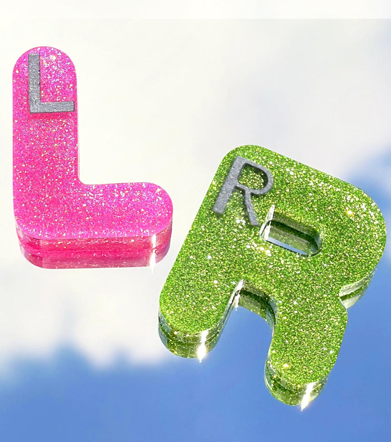 Plifal Xray Markers with Lead Initials - Glitter Radiology X-ray Markers in Rose & Green "L&R" Letter Shape Include Reusable Adhesive Tapes to Nurse Radiologist Badge Buddy, Easy to Identify Pink Green