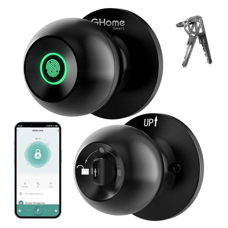 GHome Smart Fingerprint Door Lock, 3 in 1 Smart Fingerprint Door Knob with App Control & Key, Auto Lock, Biometric Thumbprint Door Locks for Bedroom, Garage, Home & Office 3 IN 1 - Black